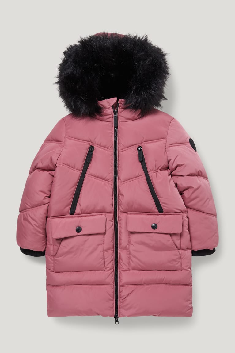 Casaco C&A Acolchoado With Hood And Faux Fur Trim Recycled Menina Rosa | 05749ZNDM