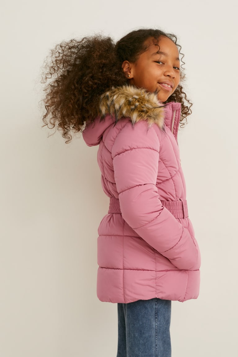 Casaco C&A Acolchoado With Hood, Faux Fur Trim And Belt Menina Rosa Escuro | 52780IEMA