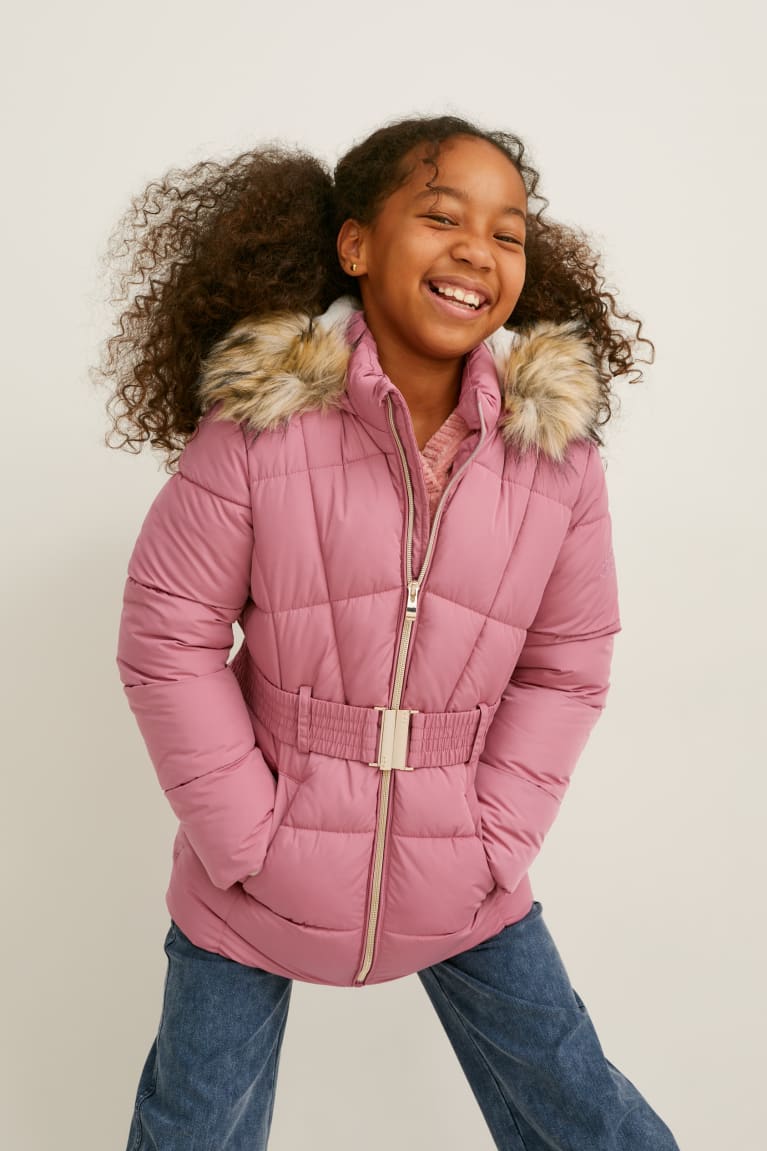 Casaco C&A Acolchoado With Hood, Faux Fur Trim And Belt Menina Rosa Escuro | 52780IEMA